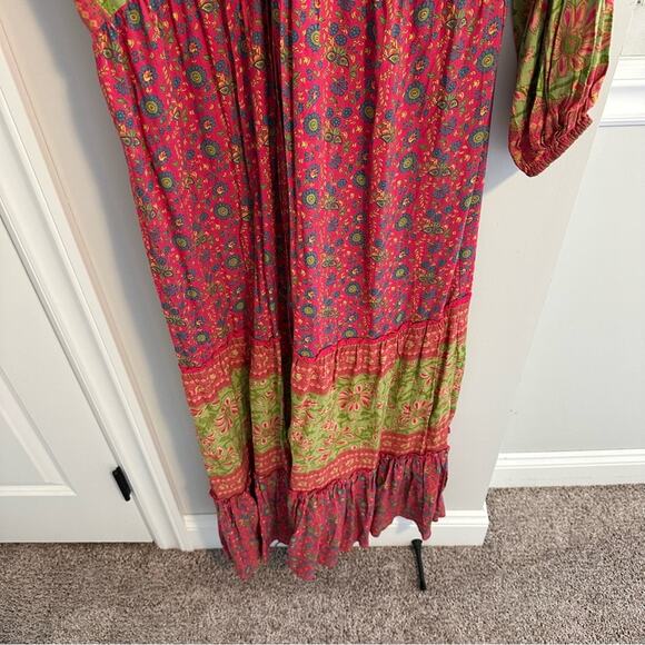 Anthropologie Raga Pink Green Floral Long Sleeve Boho Tassel Maxi Dress Sexy S - Picture 8 of 12